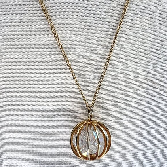 Source Unknown Jewelry - Gold Geometric Pendant Necklace with Iridescent Beads - Vintage